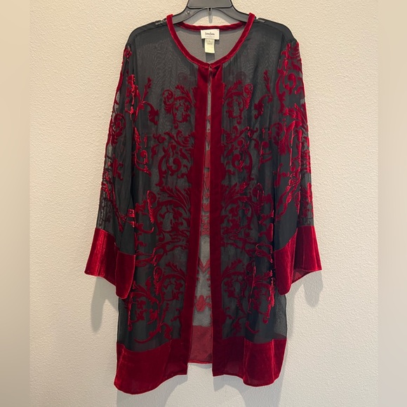 Neiman Marcus Cardigan Long Line Baroque Burnout Black Mesh Dark Red Velvet XL - Picture 2 of 9